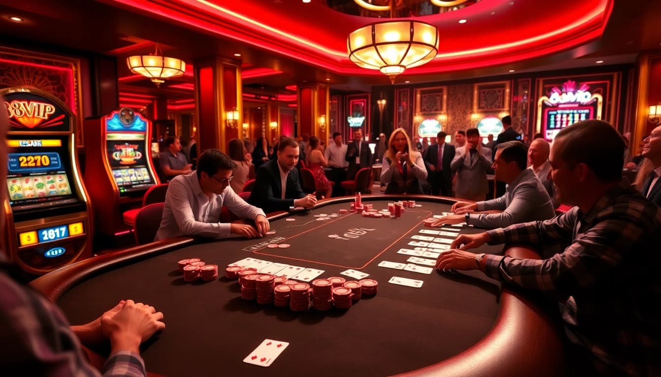 Exciting poker game with vibrant colors and luxurious ambiance at 68VIP casino.