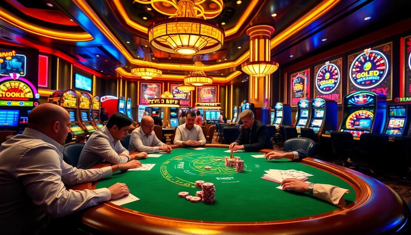 A vibrant poker table scene illustrating Gow Ways ได้เงินจริง among excited players, rich colors, and luxurious casino elements.