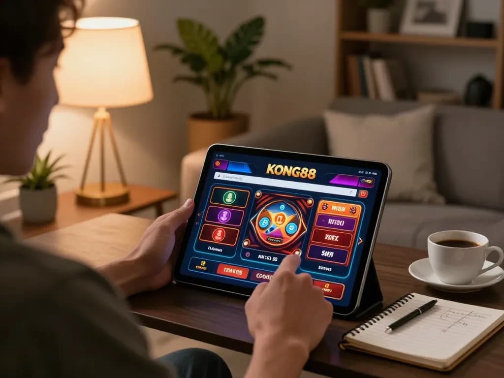 KONG88 online casino gaming session in a stylish home setting, showing a focused player engaged with the tablet interface.