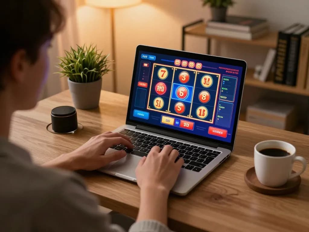 Engaging in online casino games at nk88 with a modern home setup, showcasing vibrant slot action.