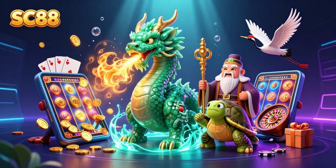 Experience the thrill of SC88 with a jade dragon and vibrant casino elements in this 3D illustration.
