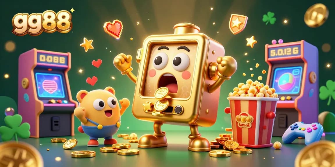 Cheerful golden slot machine celebrates a jackpot at gg88, amidst vibrant gaming elements and sparkling coins.