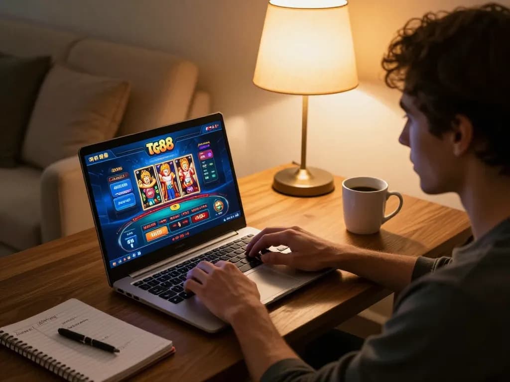Player engaging with tg88 online casino on laptop, showcasing strategic gaming at home.