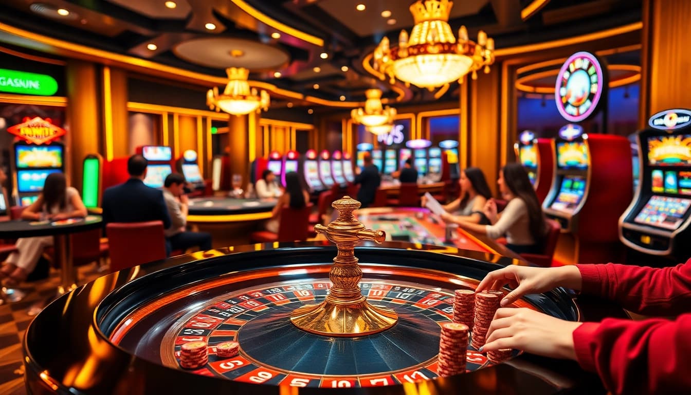 Engaging gamblers at https://rikvip11.xyz/ interacting with luxurious roulette and dynamic slot machines.