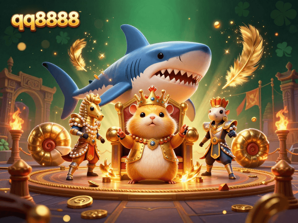 Win big with qq8888 as the golden hamster king rules the casino world in this vibrant illustration.