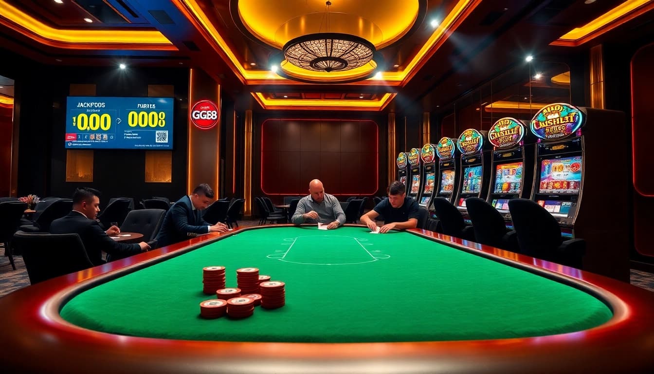 Players engaging at a GG88 poker table in a vibrant, luxurious casino setting.