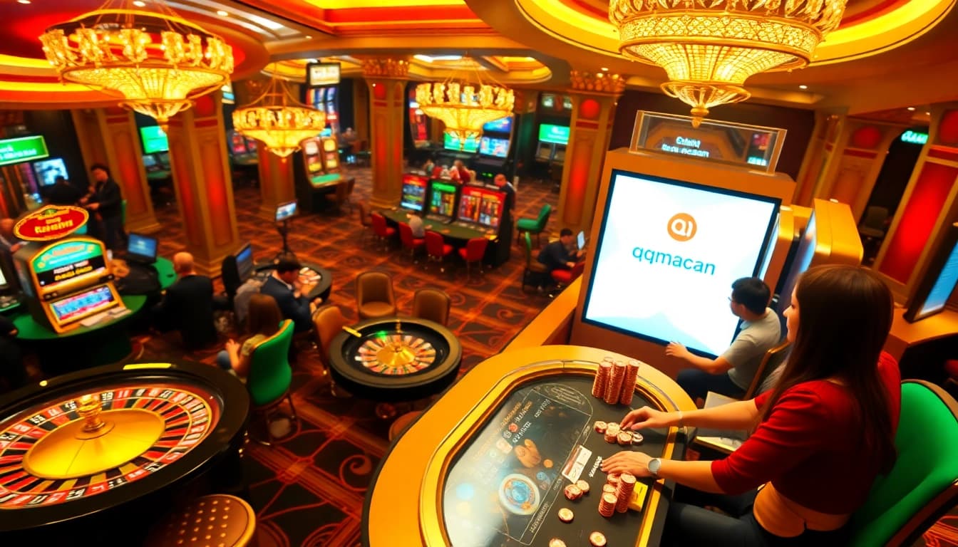 Players enjoying a thrilling game at qqmacan with vibrant slot machines and roulette tables.