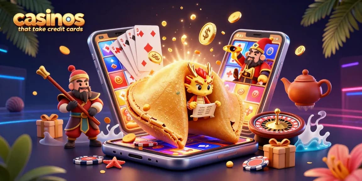 Experience casinos that take credit cards with a colorful scene of a golden fortune cookie and slot games.