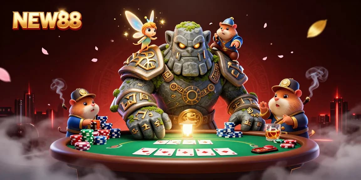 Experience the magic of NEW88 with a vibrant casino scene featuring a golem and a hamster knight.