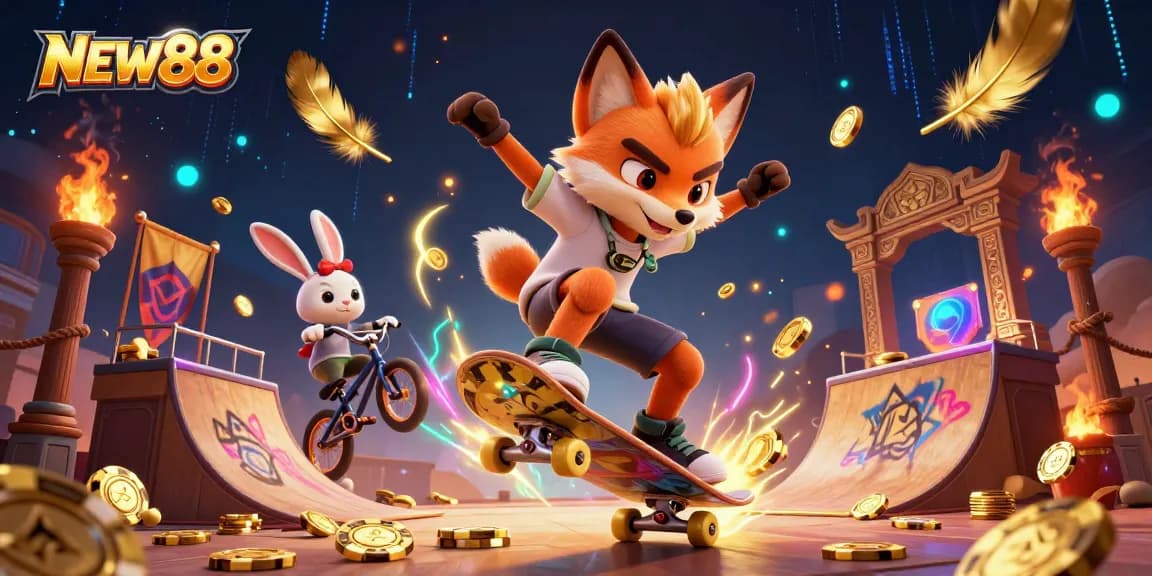 Experience thrilling action at NEW88 with a cartoon fox performing a kickflip over golden poker chips.