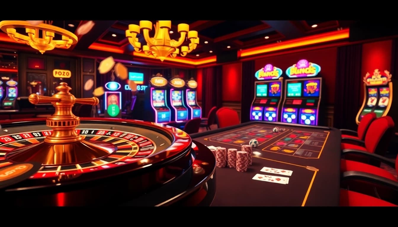 Gamblers enjoying games at nhà cái go99 with colorful chips, cards, and a roulette wheel.