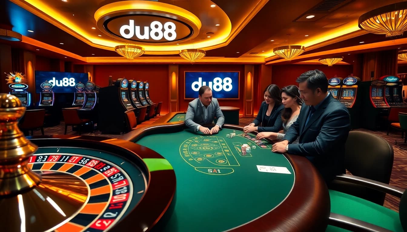 Experience the excitement of du88 in a luxurious casino setting with poker chips and a roulette wheel.
