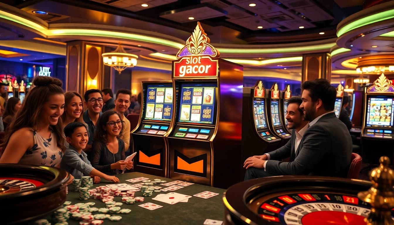 Engaged players at a dazzling slot gacor machine in a vibrant casino atmosphere.
