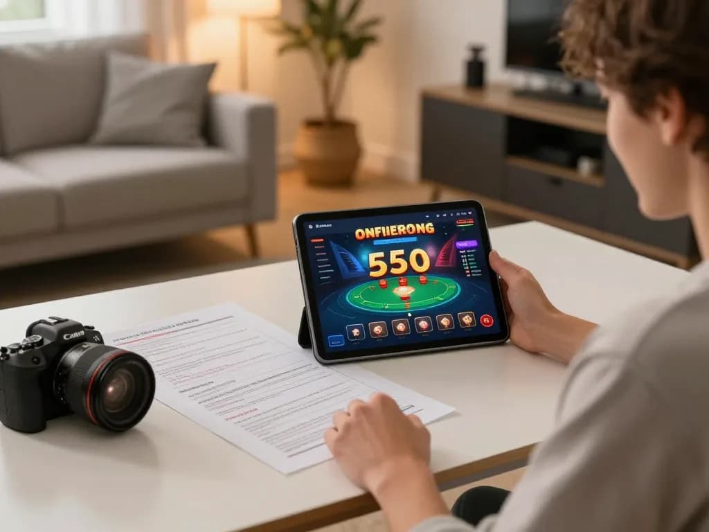 Player strategizing bankroll management while engaging with the lsa online casino app in a cozy home office