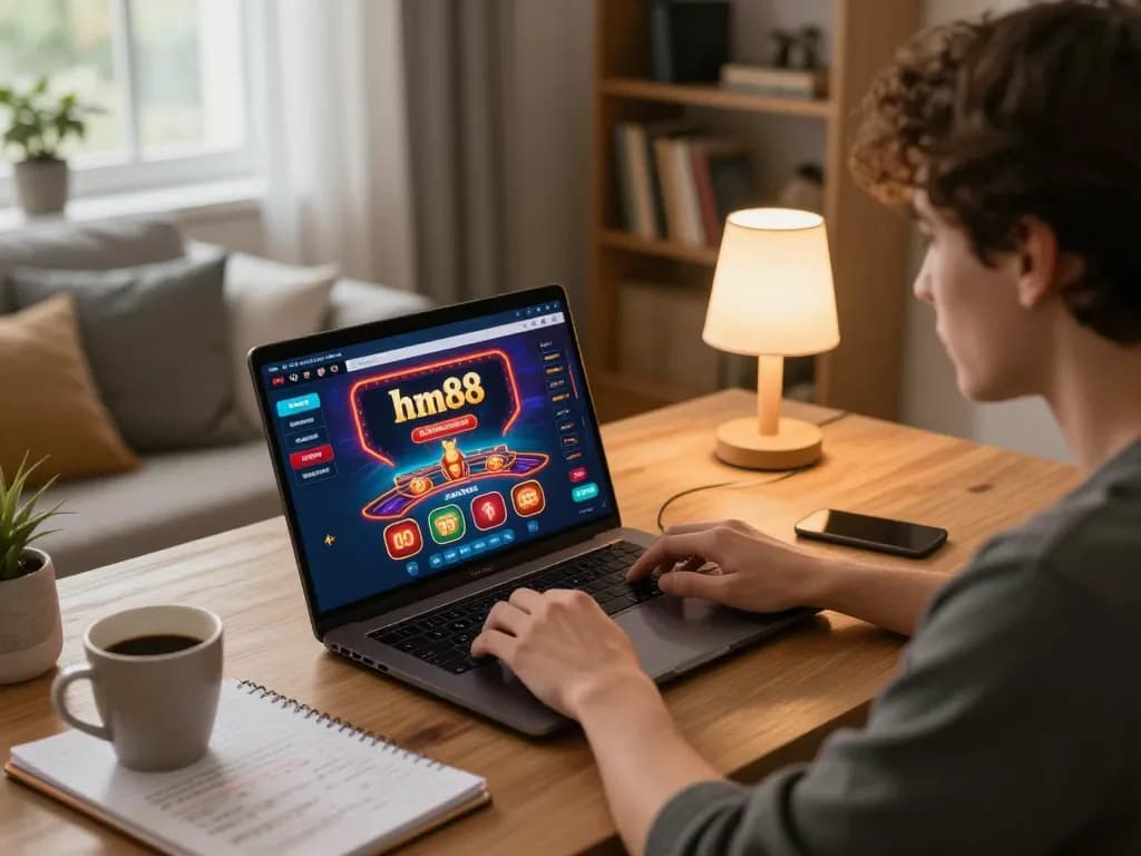Engaging in online gaming with hm88 on a laptop in a cozy home setting.