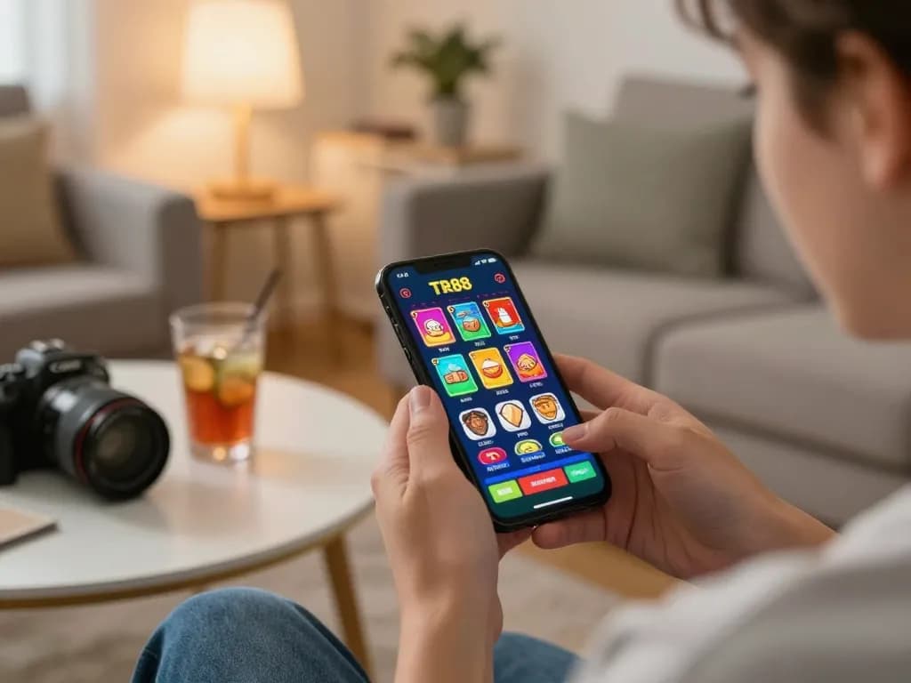 Player enjoying mobile gaming on TR88 app in cozy home setup, showcasing engaging gaming interface.