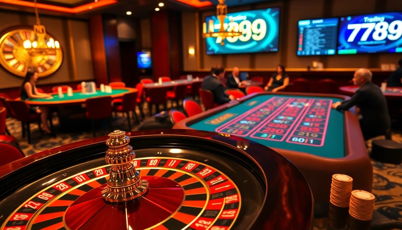 Jugadores disfrutando de una emocionante noche de juego en el casino 789g con mesas de ruleta y blackjack.