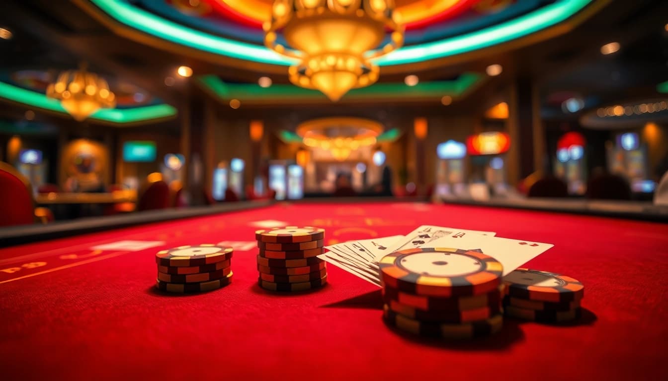 Experience the thrill of w88 ทางเข้า at a vibrant casino gaming table filled with cards and chips.
