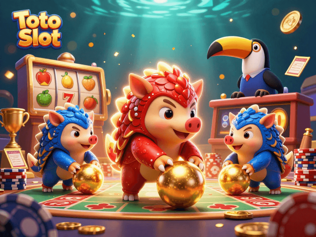 Toto Slot pangolins competing with slot reels and poker chips in an exciting casino scene
