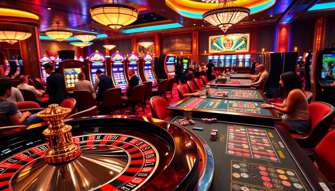 Players enjoying thrilling games at Bro138’s premium online casino, featuring vibrant slot machines and roulette.