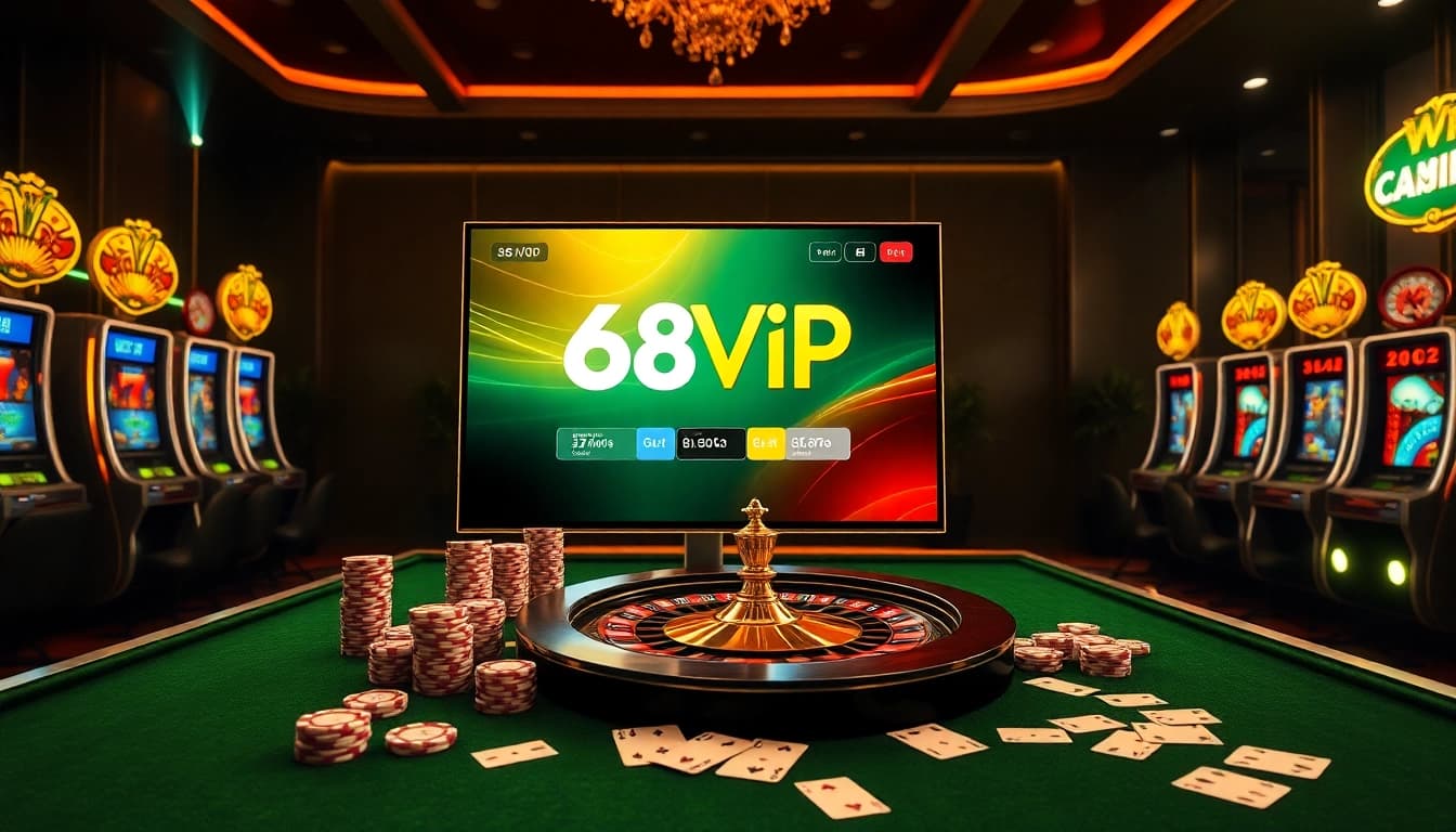 Experience the excitement of Đăng Nhập Nhà Cái 68VIP with vibrant casino visuals and engaging gambling elements.