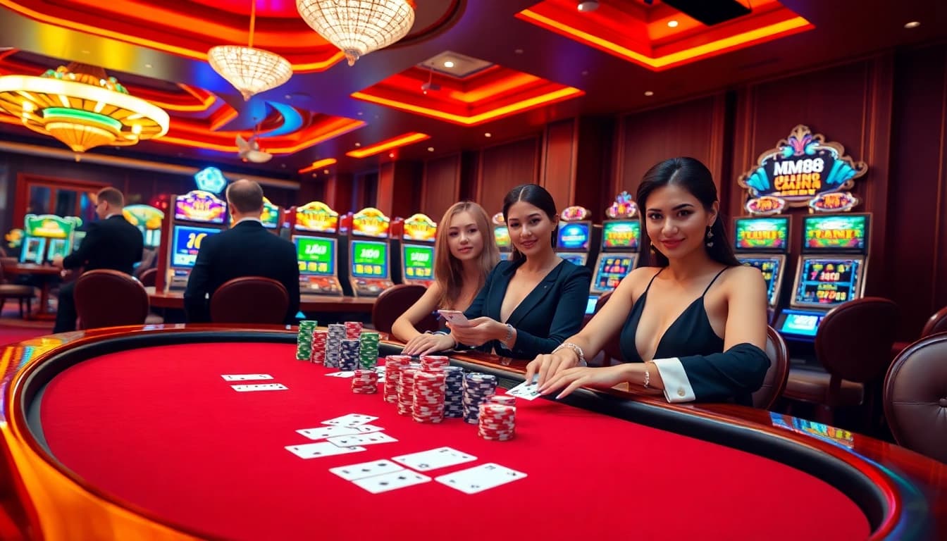 Exciting casino scene showcasing MM88 poker tables, vibrant jackpots, and neon slot machines.