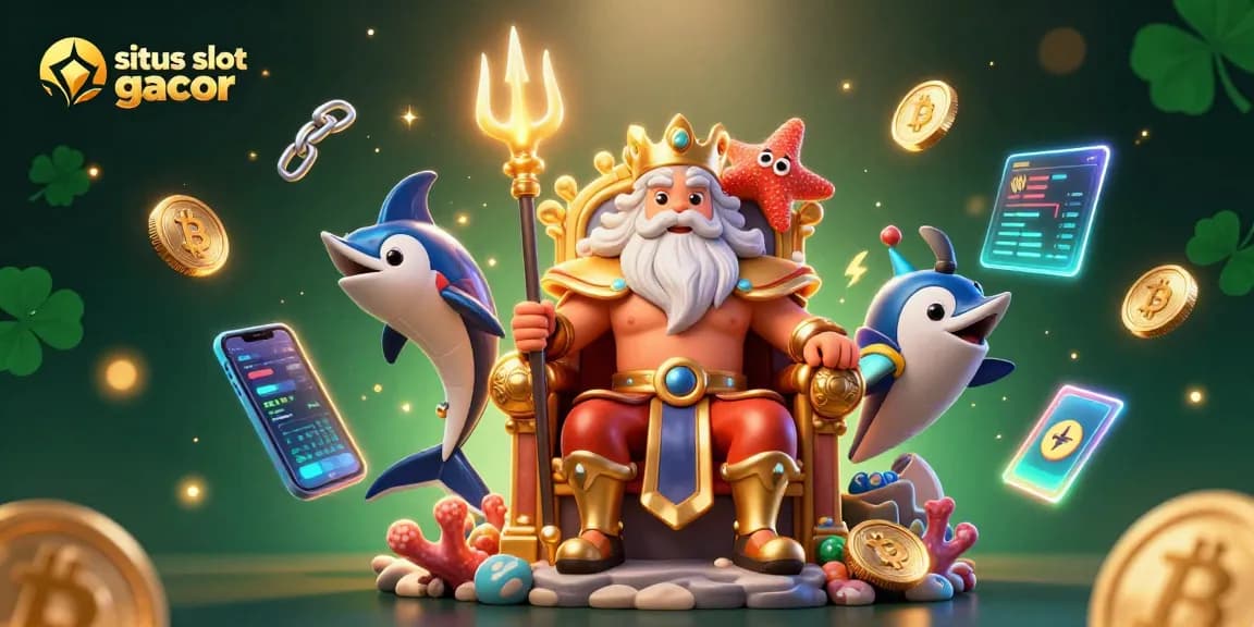 Situs slot gacor showcases a vibrant 3D scene with Neptune, a swordfish samurai, and crypto elements.