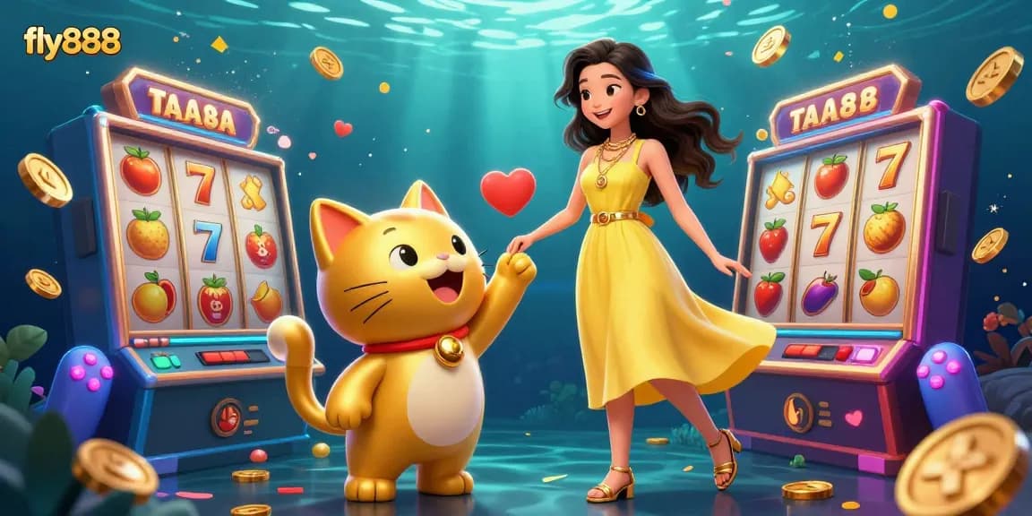 Engage in thrilling winning moments at fly888 with the vibrant golden lucky cat and slots action.