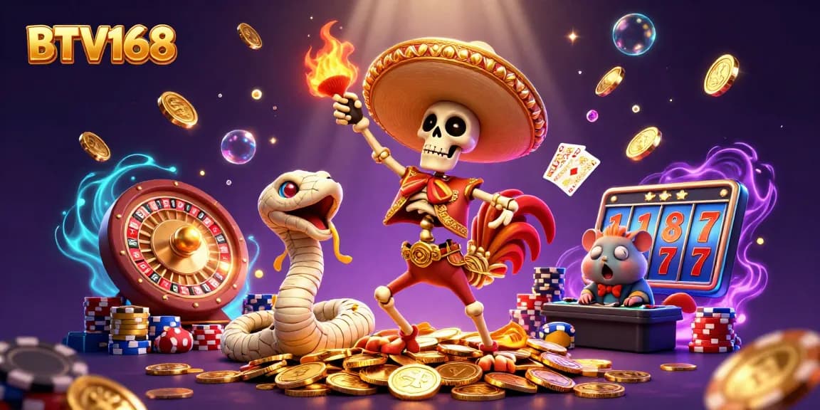 BTV168 showcases a dynamic casino scene with a mariachi rooster, mummy snake, and zombie DJ celebrating among gold coins and sparkling gems.