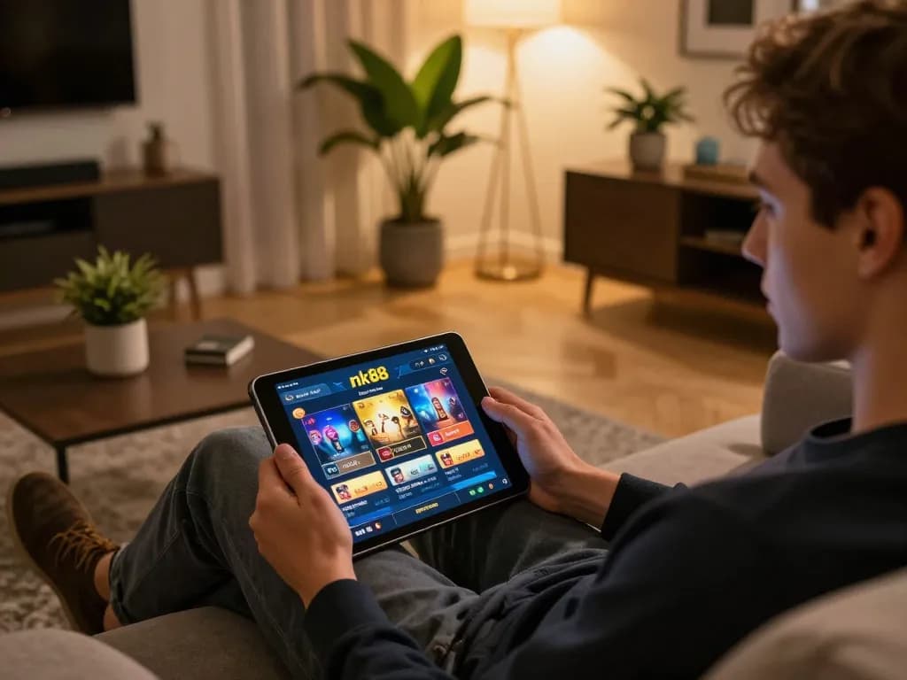Engaging with nk88 app on a tablet in a cozy living room for online gaming experience