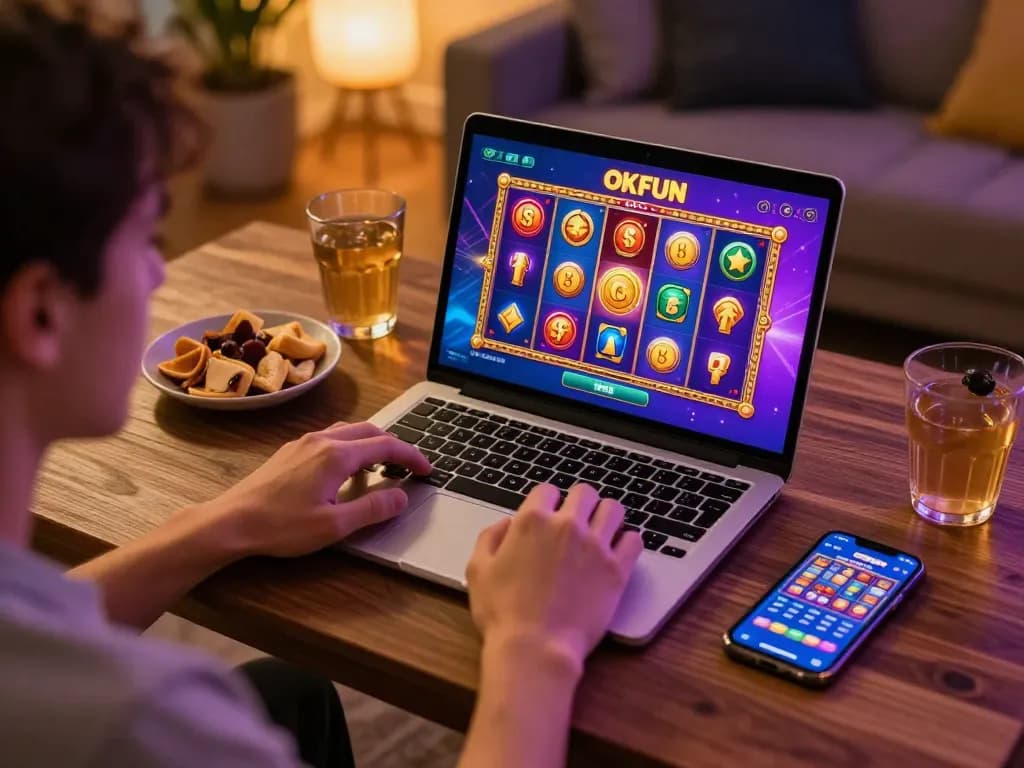 Player enjoying the exciting OKFUN casino app with colorful slot game spinning.