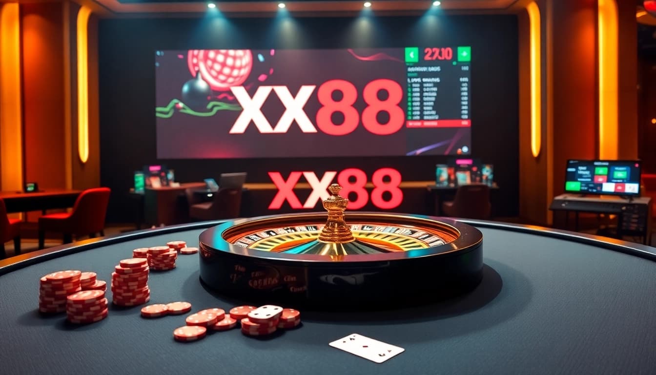 Experience an exciting game at XX88 casino with dynamic poker chips and roulette wheels.