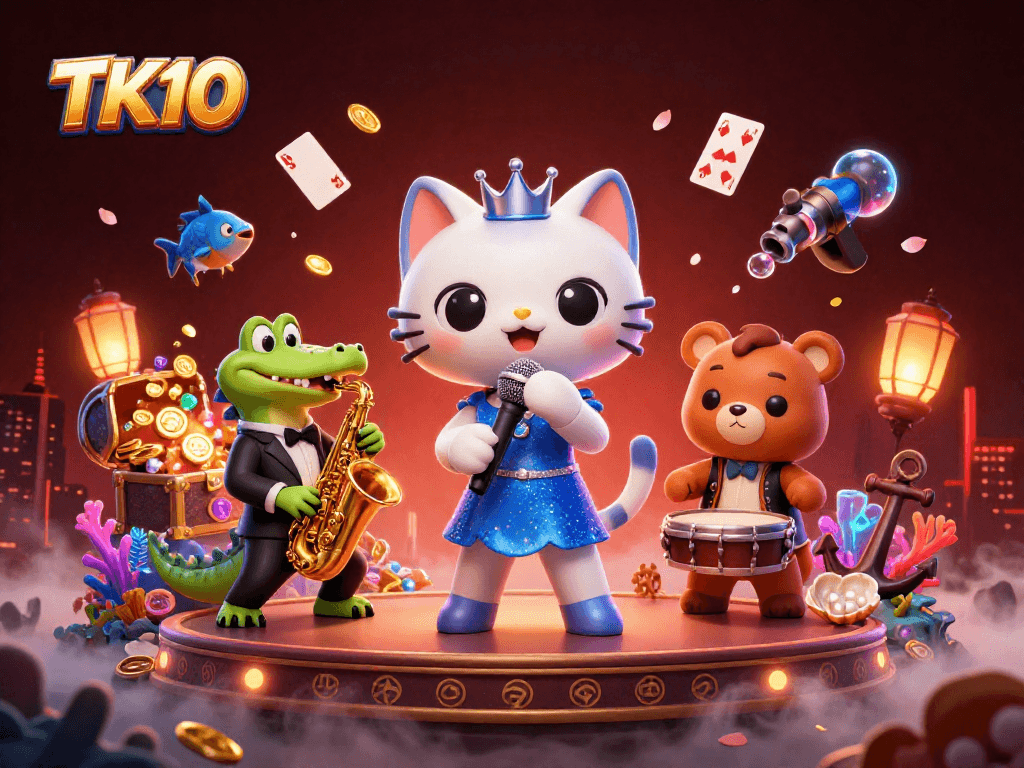 Experience the excitement of TK10 as cartoon characters perform in a vibrant casino atmosphere.
