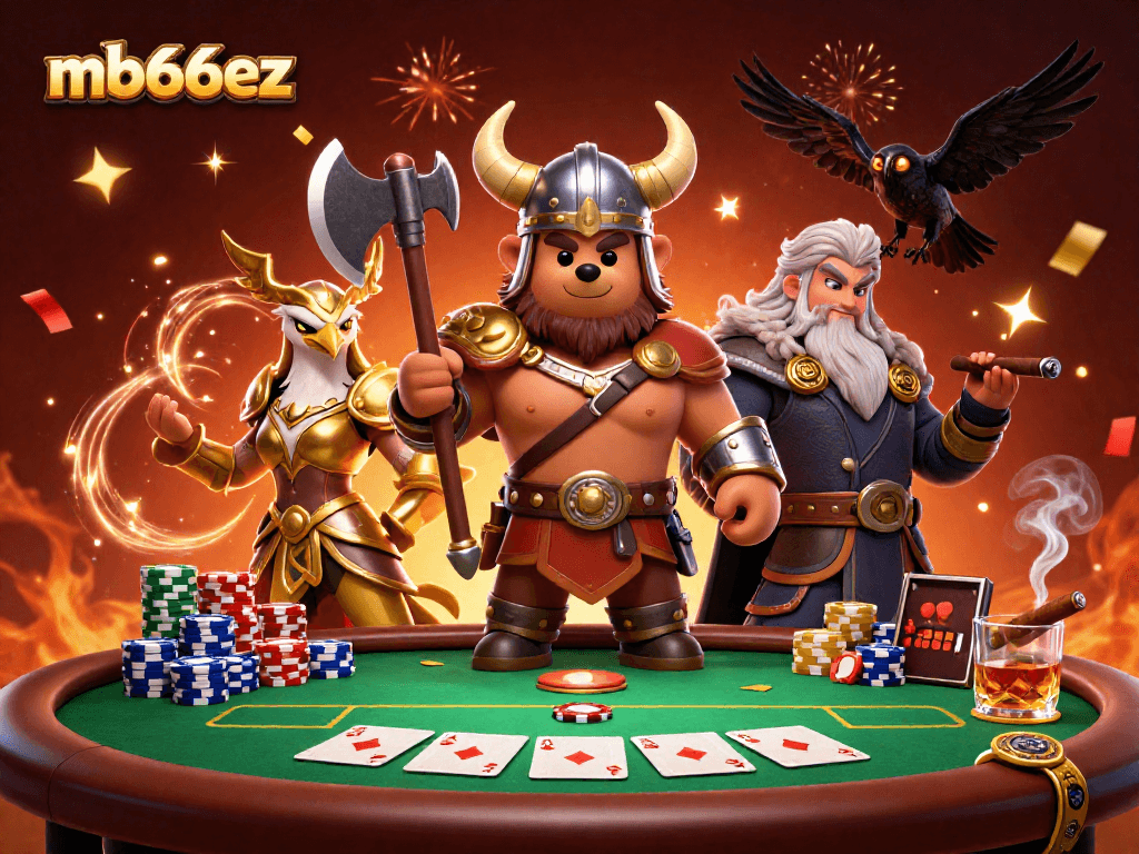 Bet on mb66ez with a vibrant poker scene showcasing players, chips, and thrilling game elements.