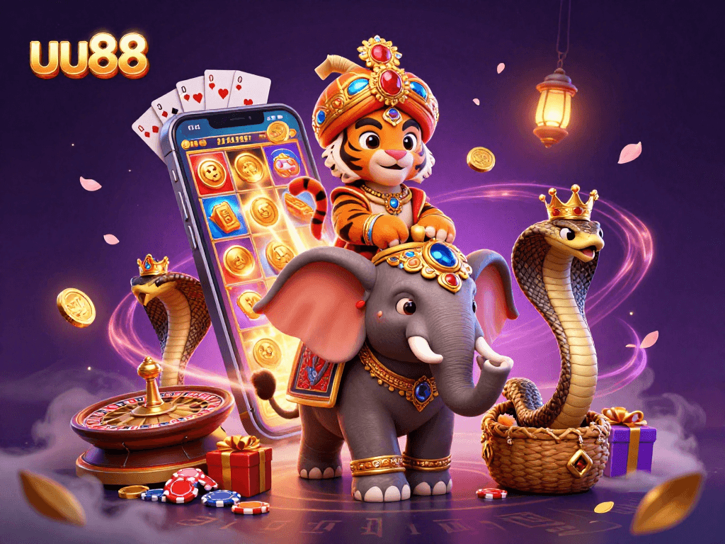 uu88 slot adventure with a maharaja tiger, elephant, and cobra amid dynamic casino elements