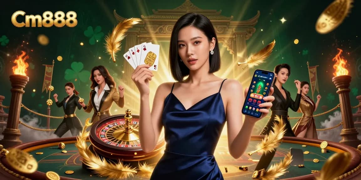 Experience thrilling gameplay with Cm888 as a confident Asian woman holds a golden chip and smartphone in a vibrant casino scene.