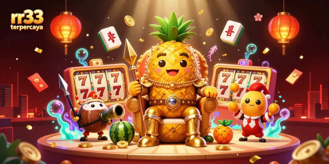 Experience the thrill of spinning reels with rr33 terpercaya in this vibrant casino illustration.