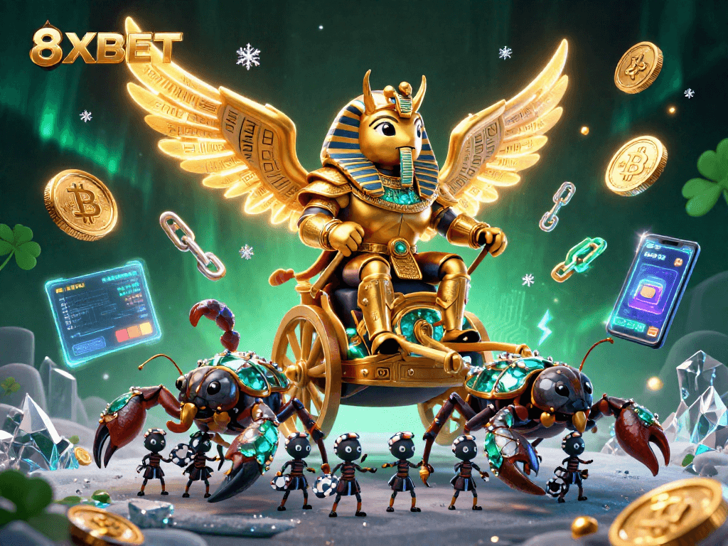 Play dynamic games on 8XBET with golden elements and neon cryptocurrency, symbolizing online success