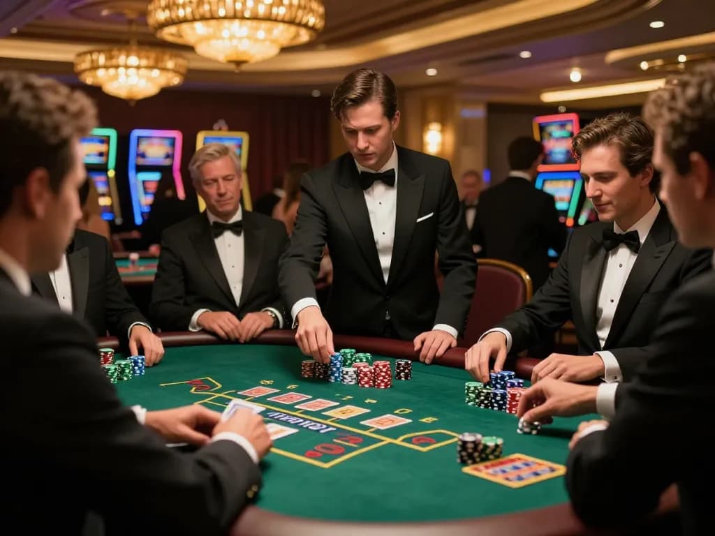 Players at a z16 blackjack table making strategic bets in a luxurious casino setting