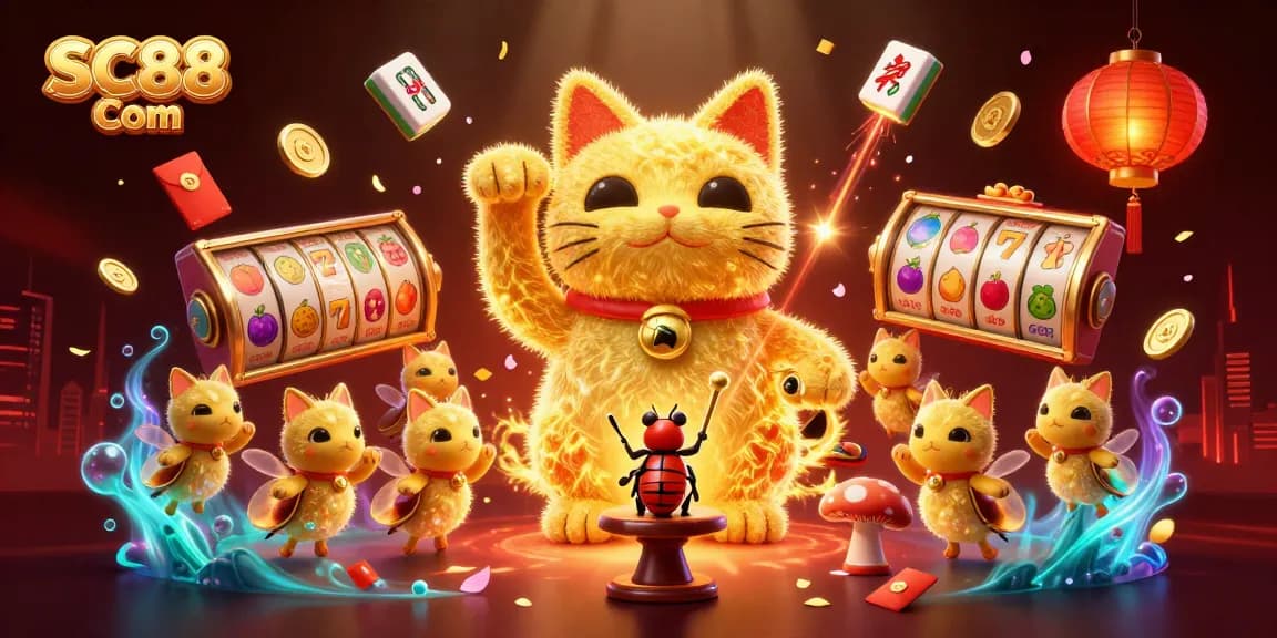 Experience the vibrant energy of SC88 Com with a golden cat and dynamic slot reels in a vivid illustration.