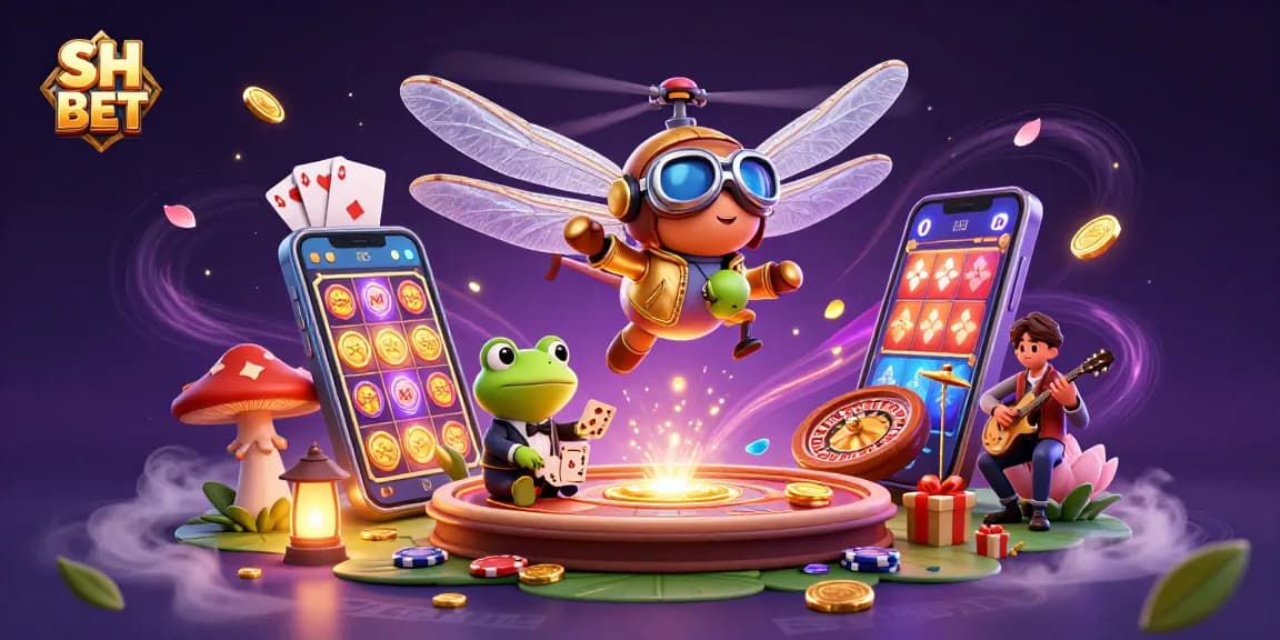 Engage with SH BET at an enchanting lily pad casino where thrilling games come alive amid a lively dragonfly pilot and frog dealer.