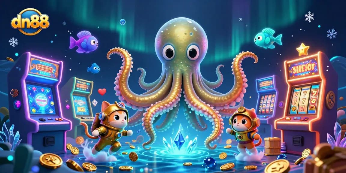 Engage with dn88's vibrant slot gaming scene featuring a colossal kraken and diving cat in a treasure-filled ocean.