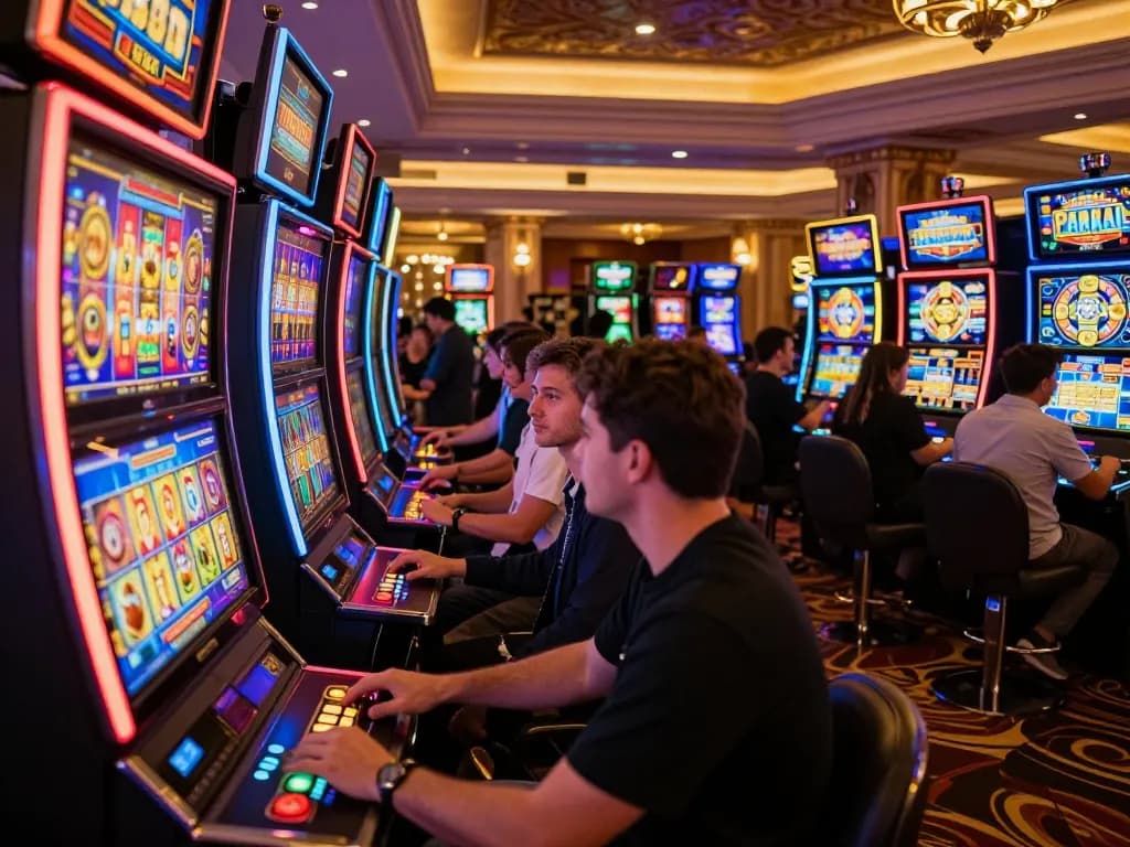 Players enjoying the thrill of situs slot machines in a lively casino atmosphere.
