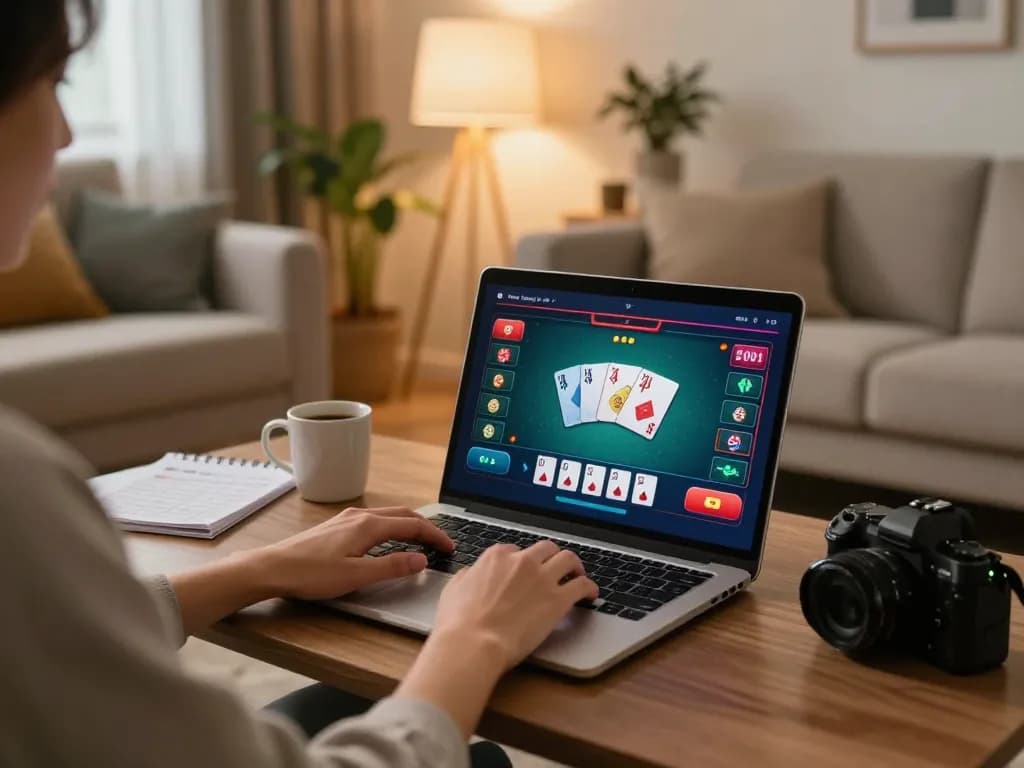 Engaging in online casino gameplay on a laptop, integrating tr88 gaming strategies in a cozy home setup