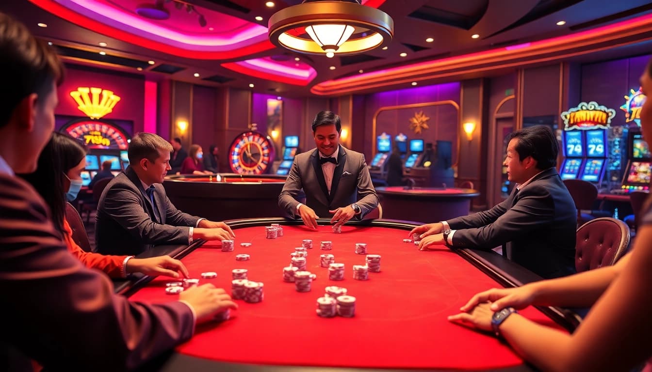 A vibrant casino scene featuring poker, roulette, and slot machines at 789WIN, conveying excitement and luxury.