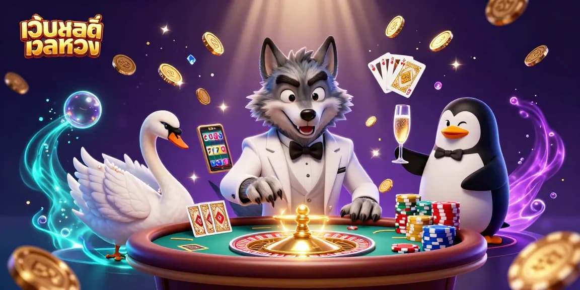 Experience เว็บสล็อตตรง with a lively casino scene featuring a wolf, swan, and penguin amidst card games and champagne.