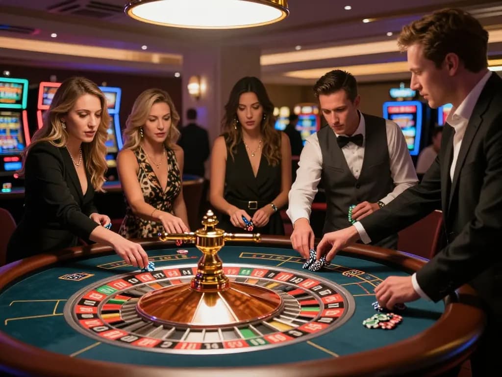 Pemain di meja roulette menangkap kegembiraan strategi taruhan di malam kasino enoughof.