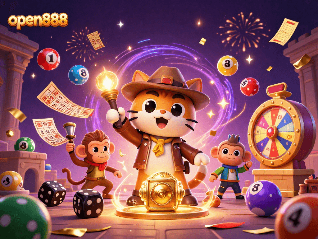 Experience excitement with open888 as the explorer cat uncovers casino treasures amidst animated lottery fun.