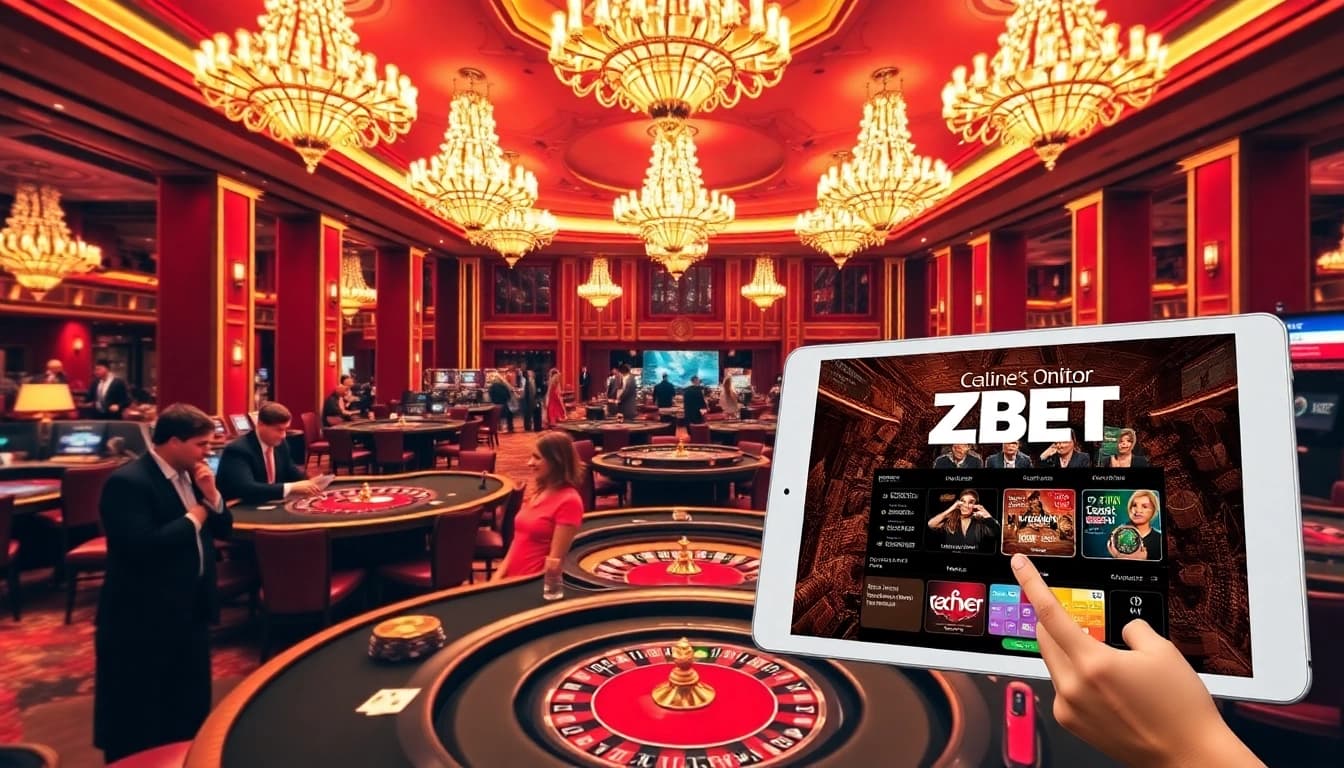 ZBET players enjoying an exciting game at a casino with vibrant poker tables and roulette.
