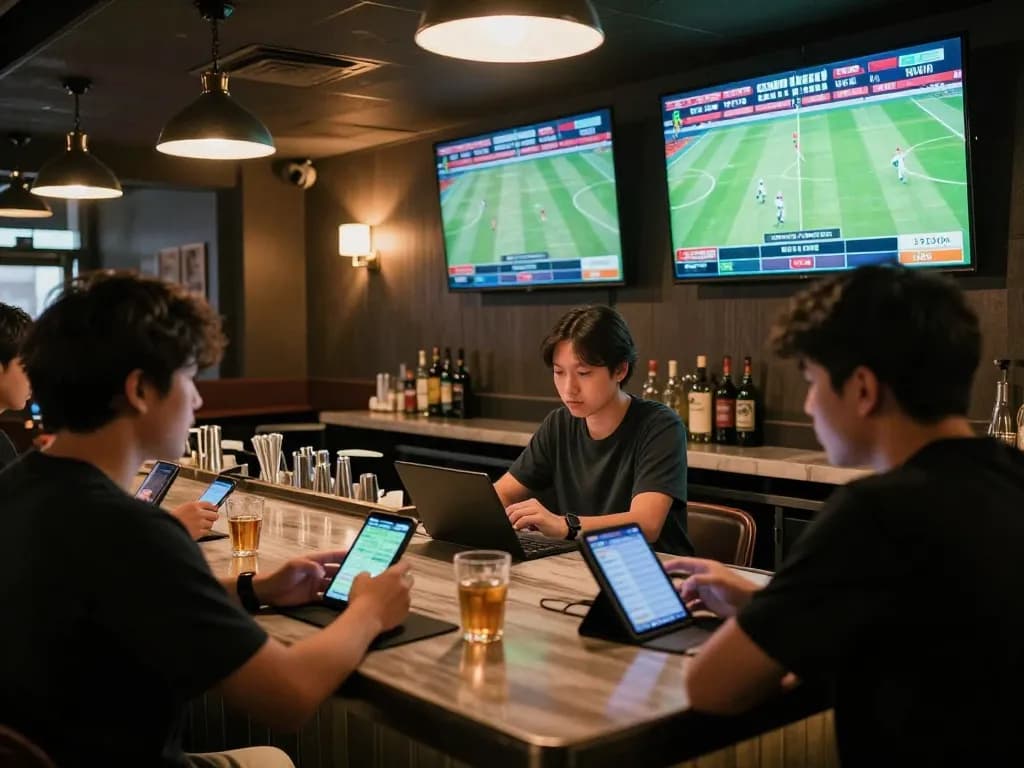 Fans betting live on sports at king33's vibrant sports betting bar with multiple screens